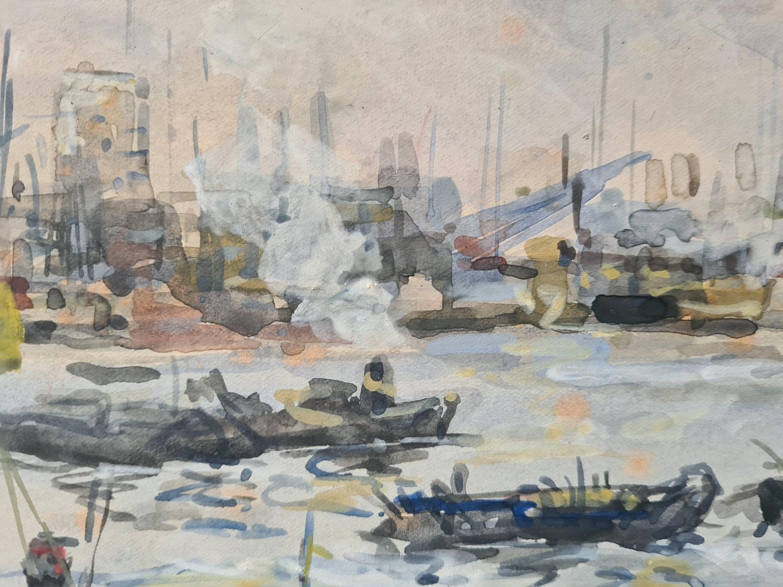 Johan Hendrik Van Mastenbroek Impressionist View Of The Leuvehaven In The Port Of Rotterdam, Dutch Watercolour 1920s photo vinterior