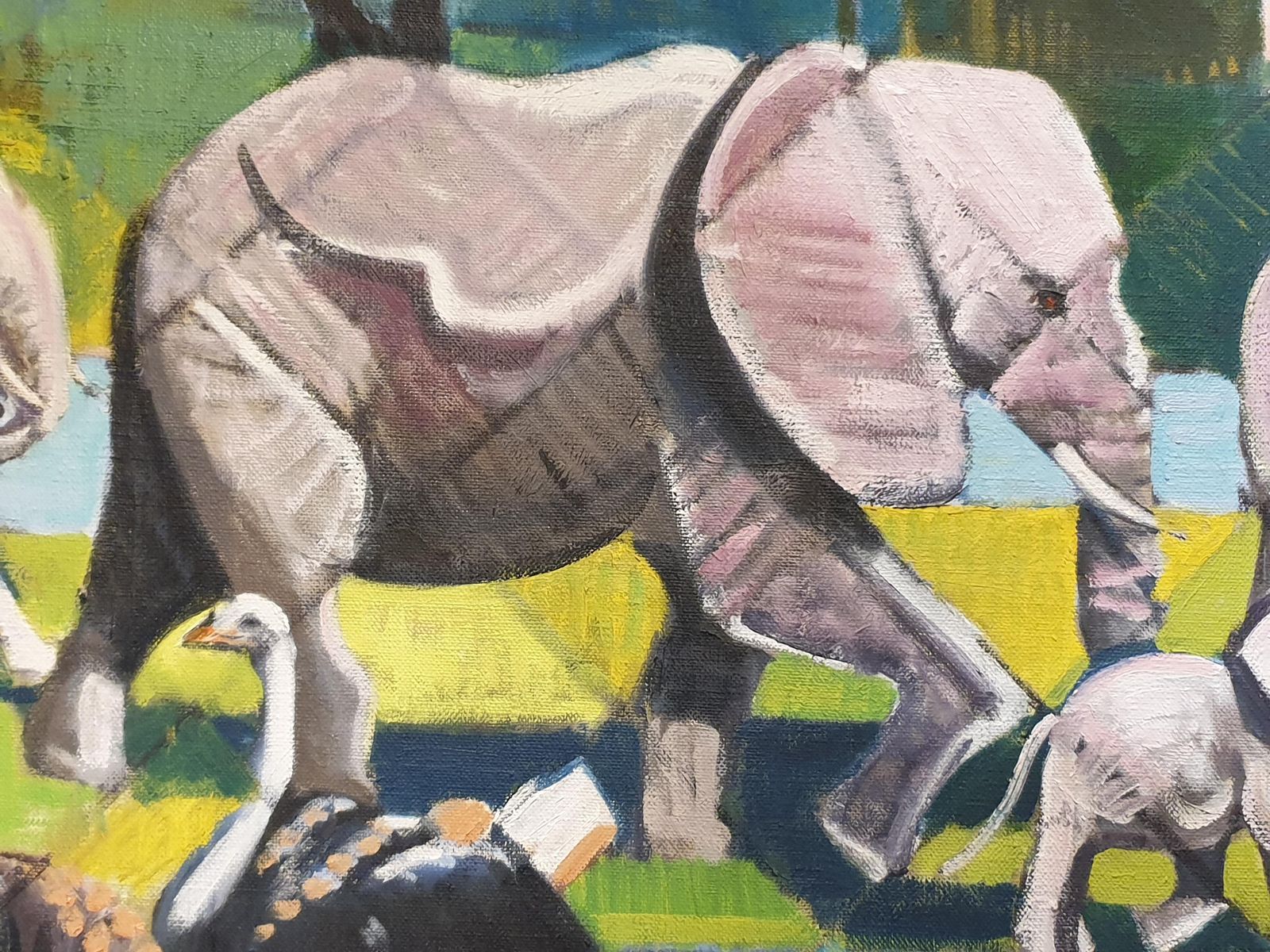 Derek Carrutherslarge Scale Surrealist Oil On Canvas, 'At The Watering Hole'. photo furniture