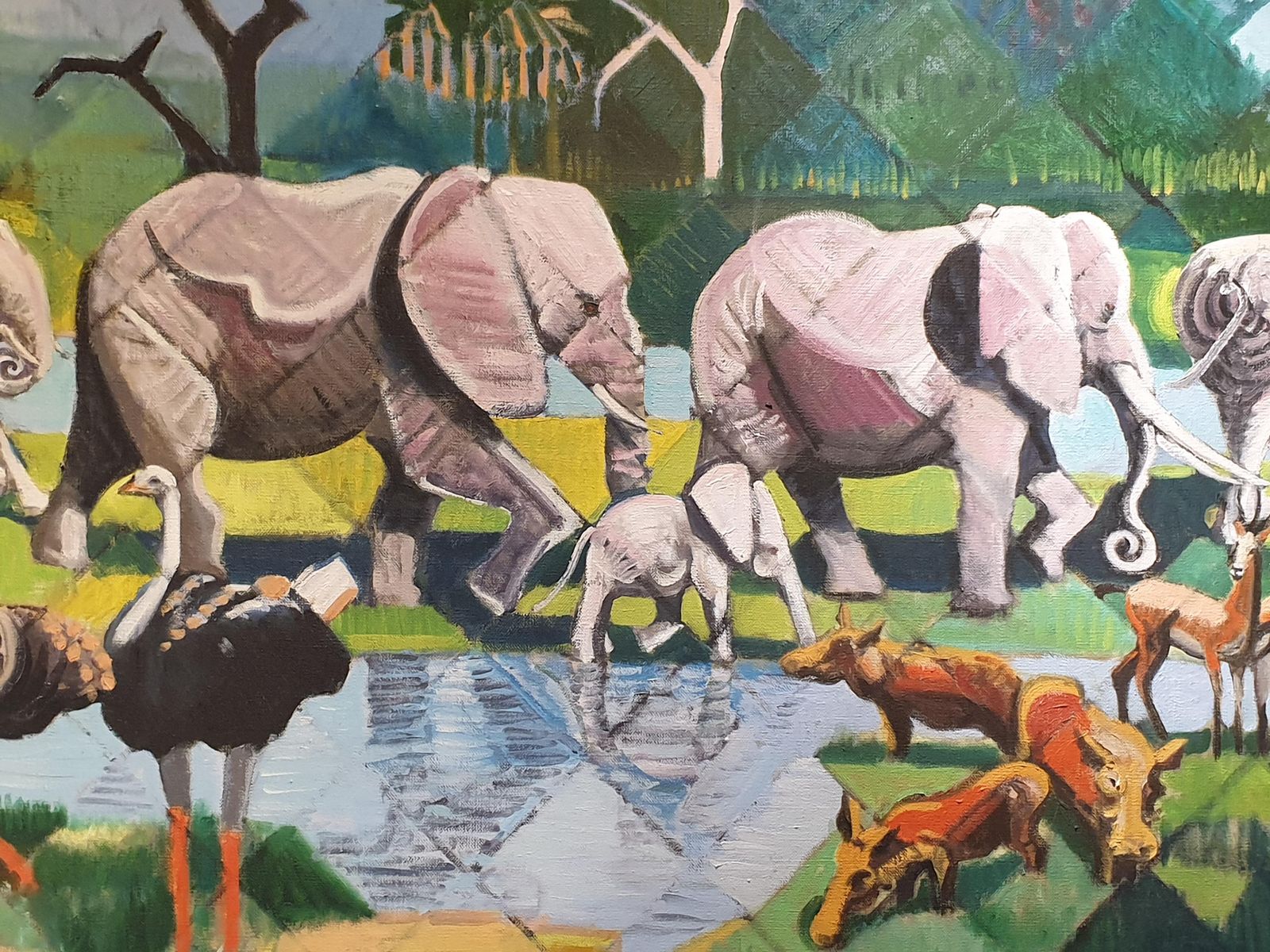 Derek Carrutherslarge Scale Surrealist Oil On Canvas, 'At The Watering Hole'. photo vintage