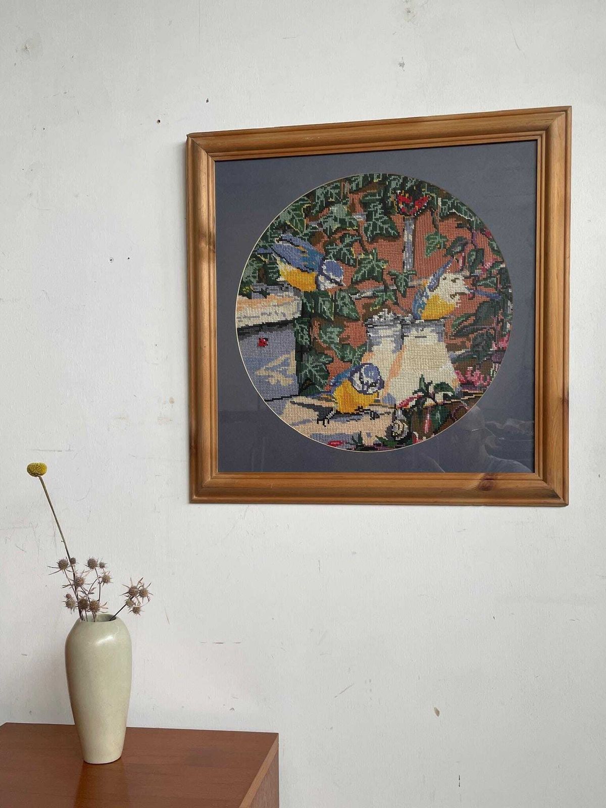 Vintage Needlework Trio Blue Tit Birds Country Scene In Chunky Pine Frame