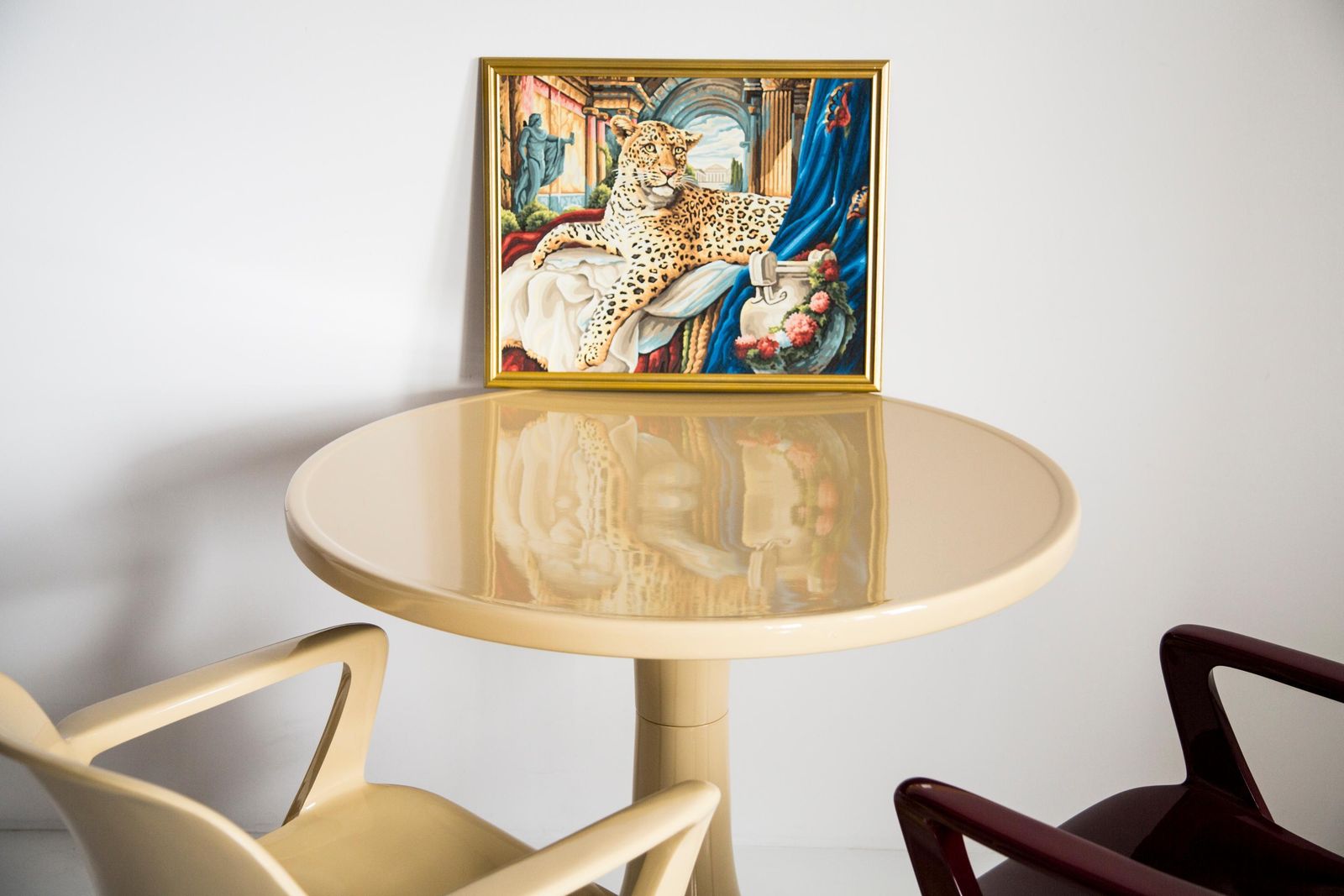 Midcentury Acrylic Leopard Painting, Gold Wood Frame, 1960s, Europe photo for sale