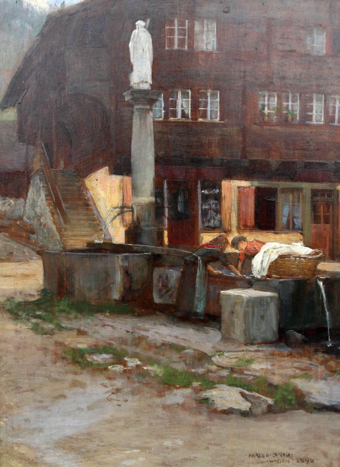 Harold Speedwassen Switzerland   British Victorian Art Impressionist Oil Painting Of Village1894 photo furniture