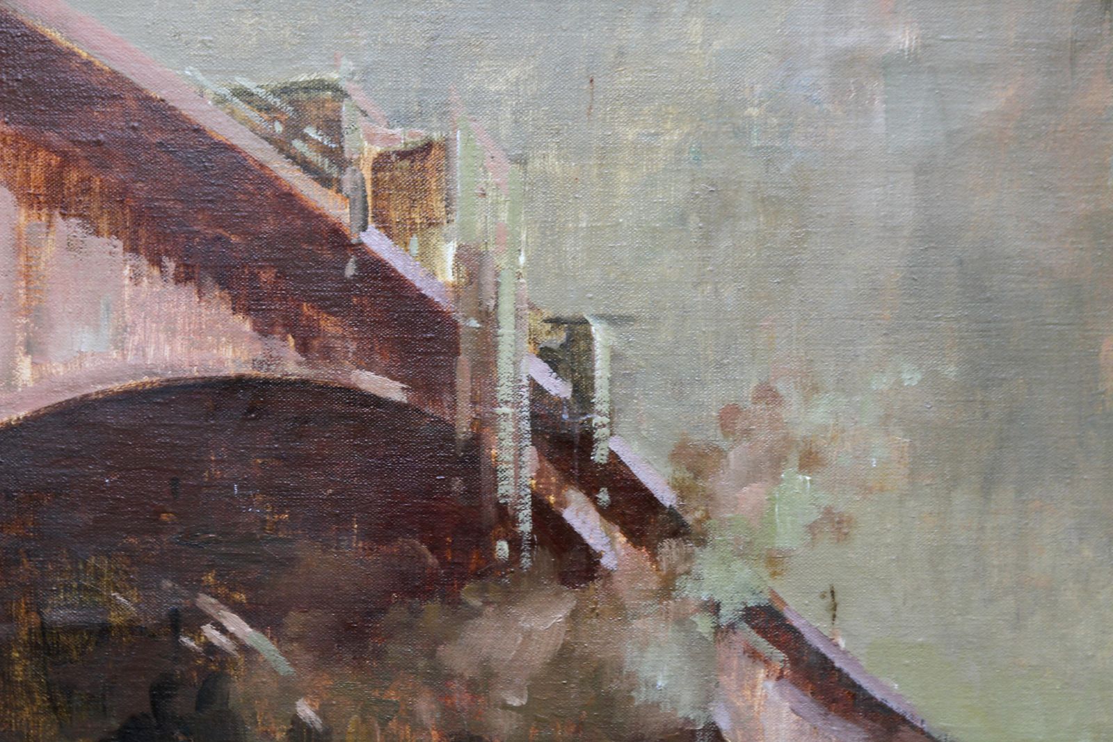 Ernest Burnett Hoodthe Bridge   Scottish 20thc Art Oil Painting Industrial River Landscape Glasgow1970 photo Art