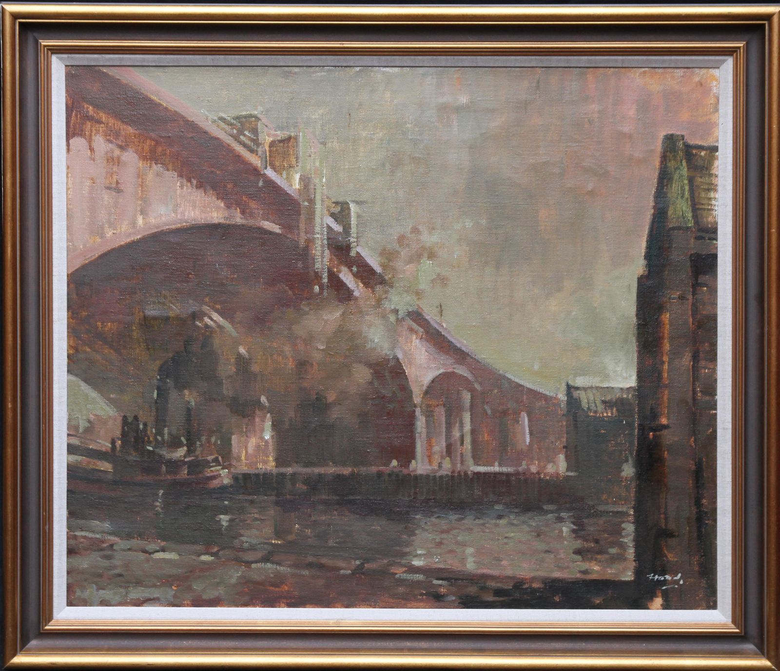 photo for sale Ernest Burnett Hoodthe Bridge   Scottish 20thc Art Oil Painting Industrial River Landscape Glasgow1970