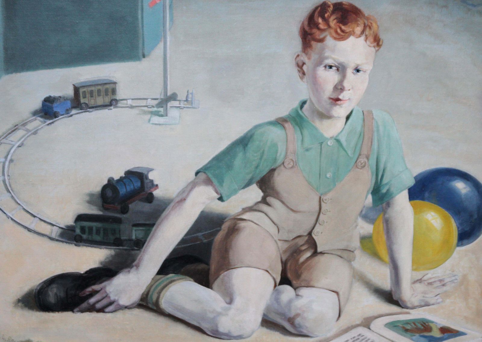 Agnes L Reidthe Train Set   British 20's Art Interior Oil Portrait Boy Playing Female Artistcrica 1920 photo for sale