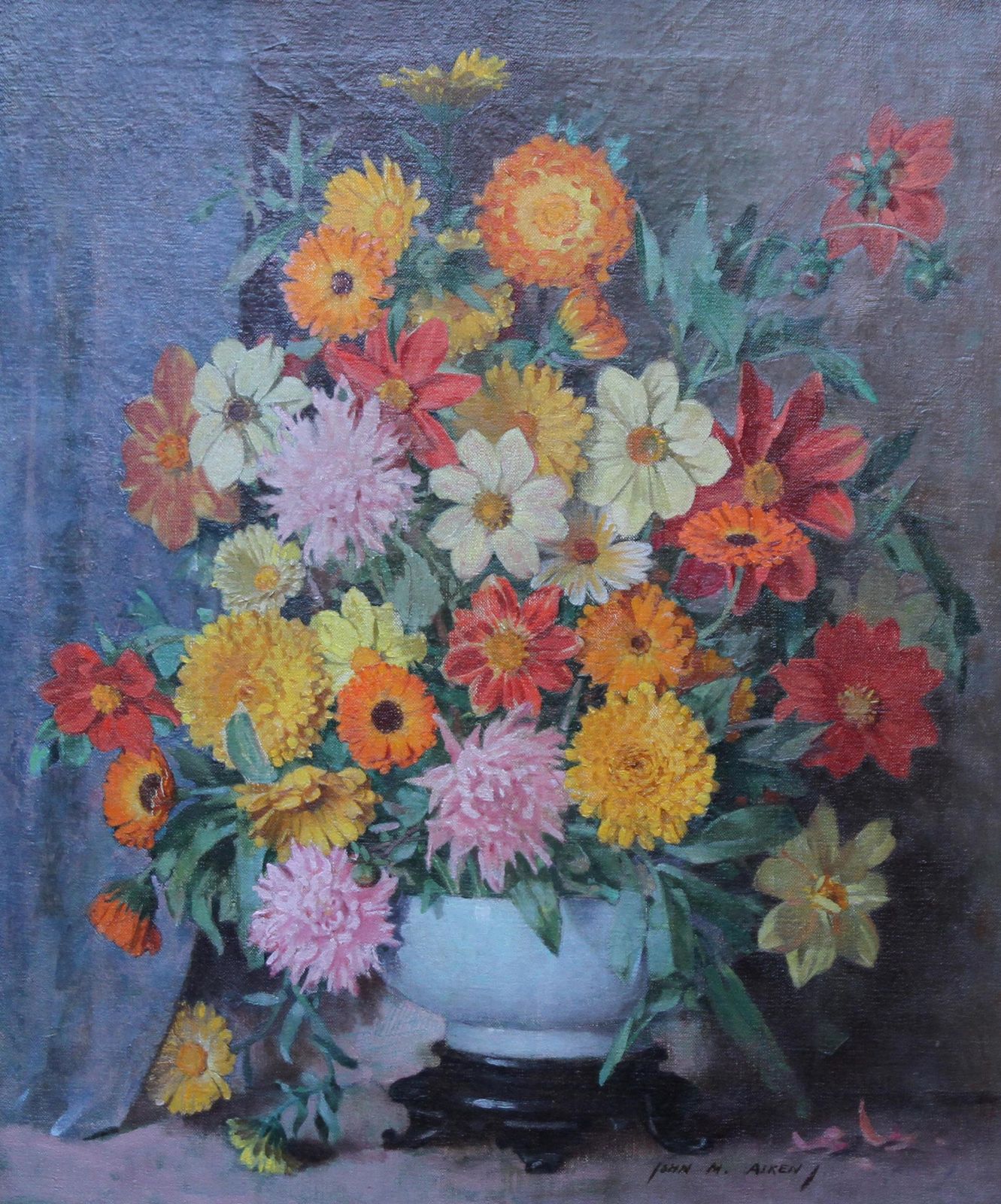 John Aikenscottish Floral   Scottish Art 1920's Oil Painting Still Life Floral Arangementcirca 1925 photo vintage