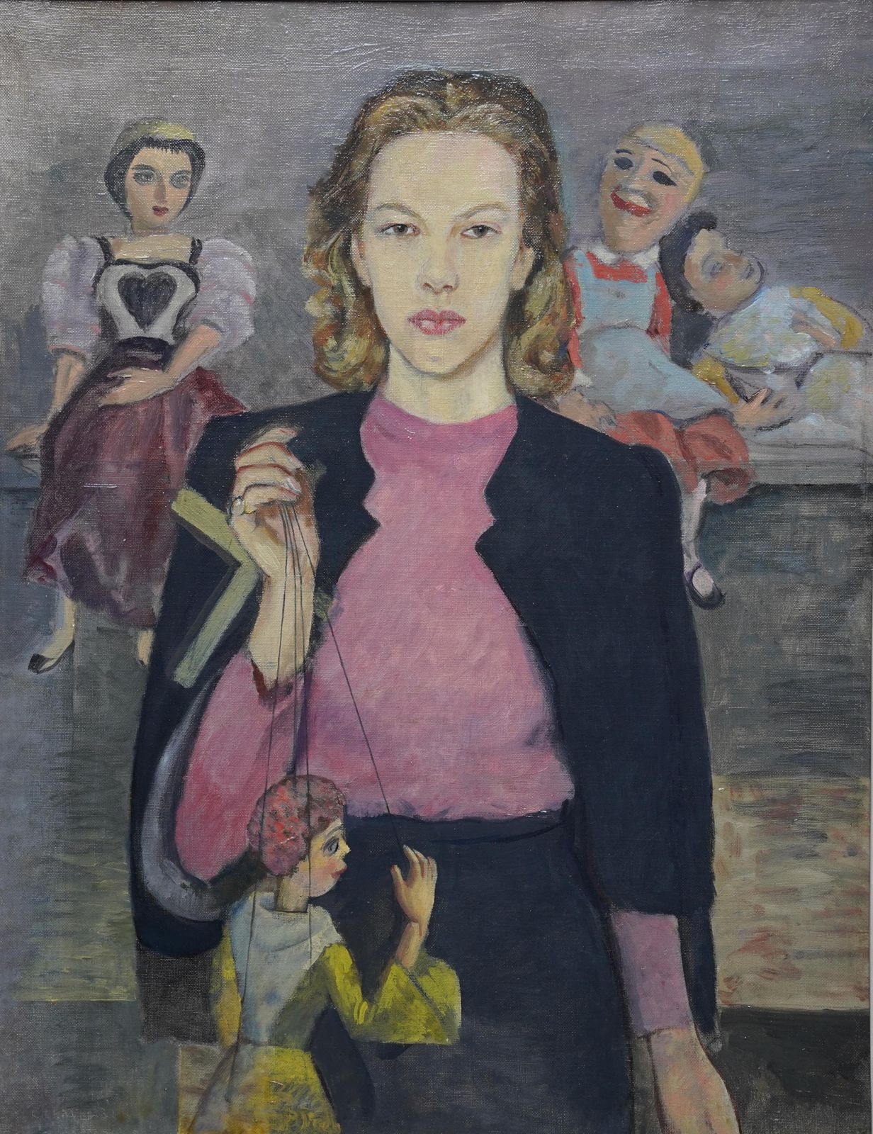 James Cleaverportrait Of Caroline And Her Puppets   British 1930s Theatrical Art Oil Painting1937 photo furniture