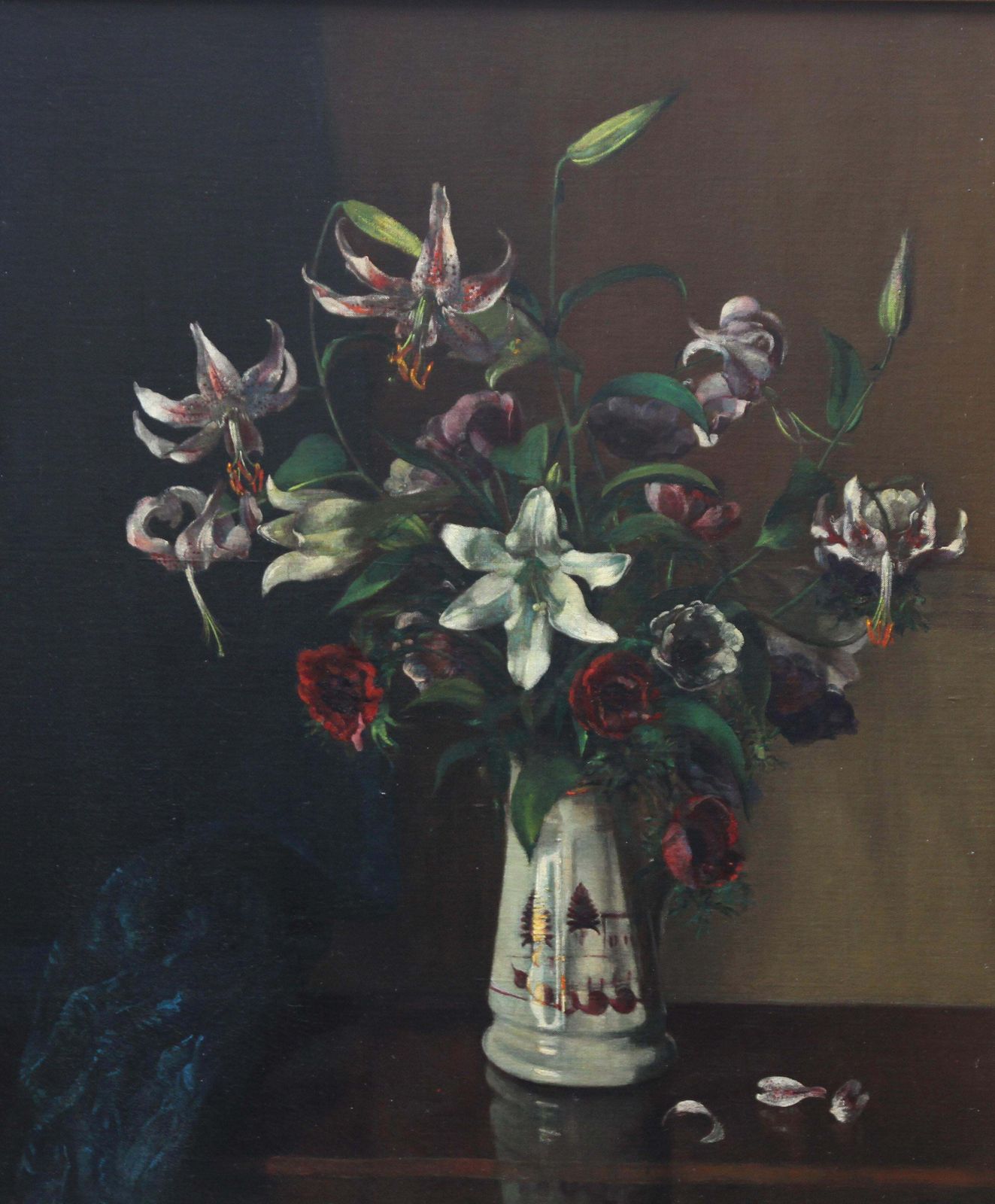 photo furniture Margaret Evangeline Wilsonfloral Arrangement   British Art 1920's Oil Painting Still Life Lilies Flowerscirca 1925