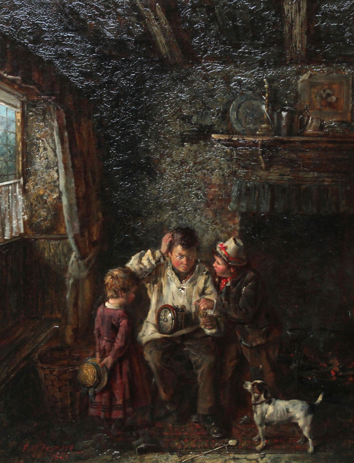photo furniture Frederick George Pasmorea Quick Repair    British Art 1880 Interior Oil Painting Children Clock Horologycirca 1880