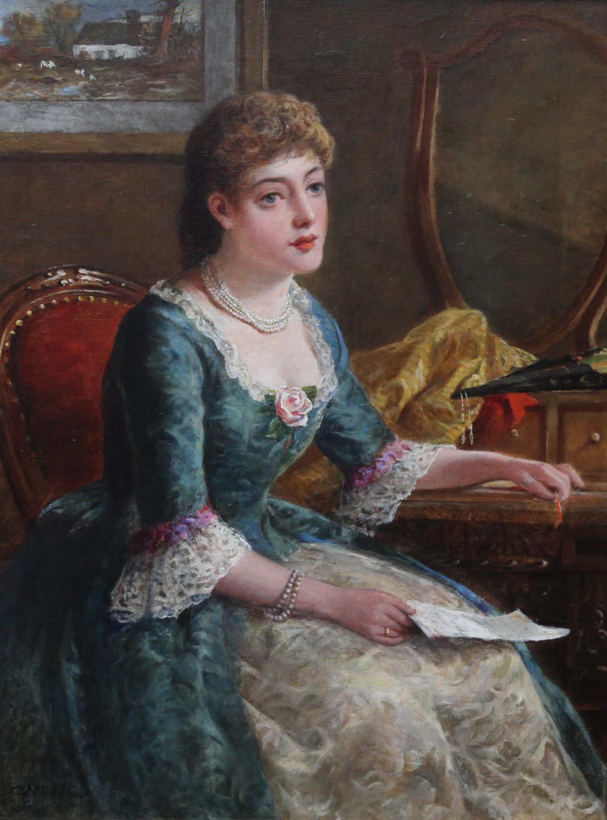George Wellsportrait Of Chlorinda With Letter   British Art Victorian Genre Oil Painting Circa 1880 photo furniture