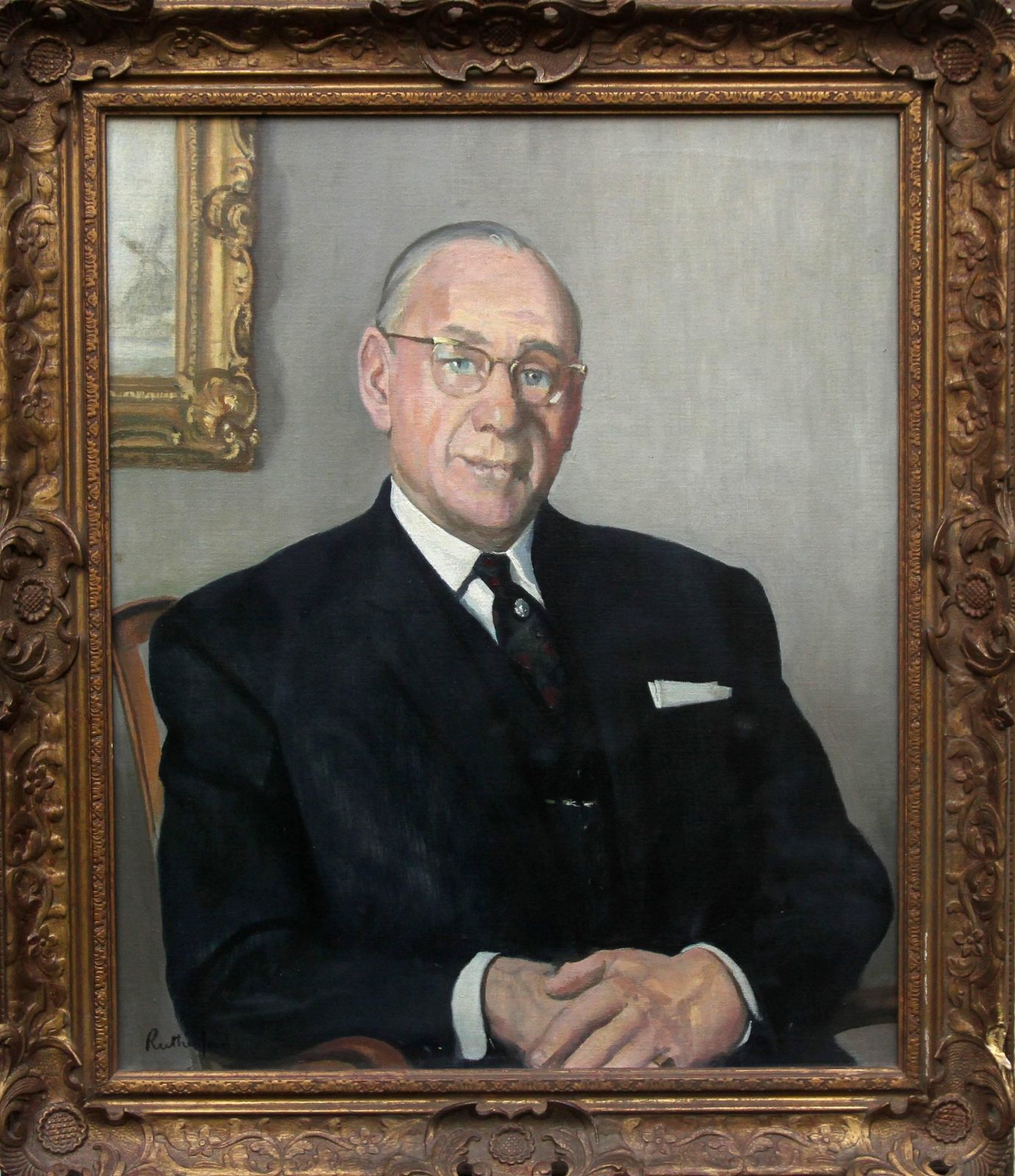 Harry Rutherfordportrait Of A Gentleman   British Oil Painting Interior Seated Suited Man Circa 1970