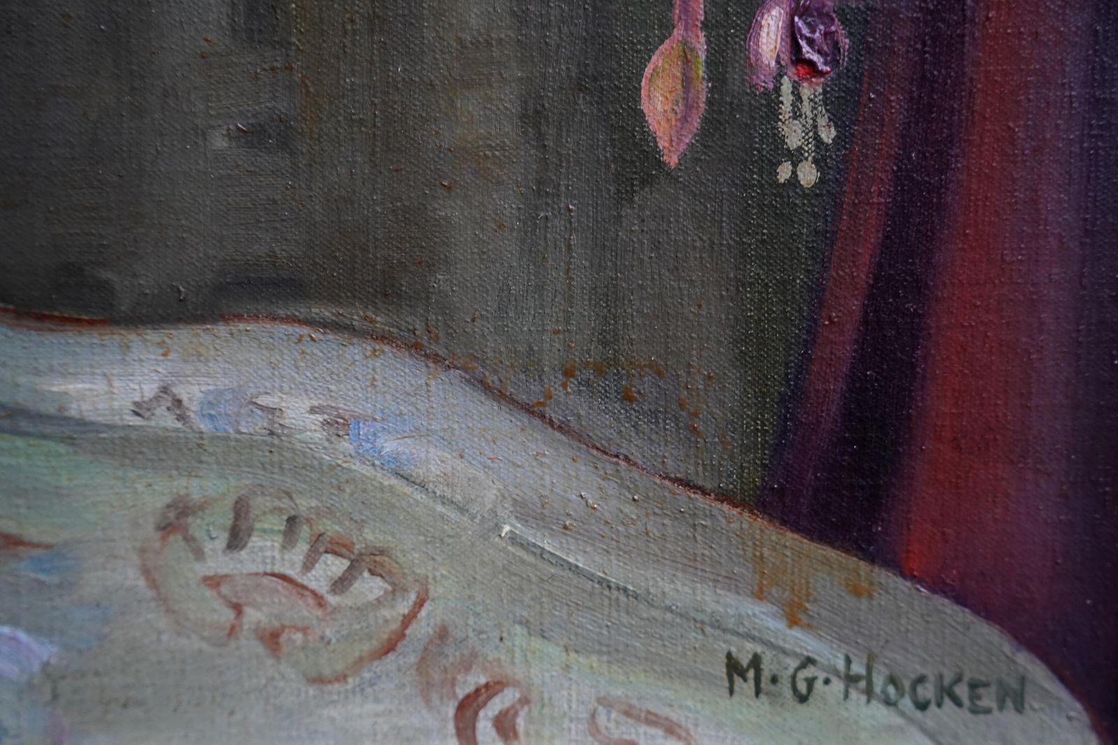 photo for sale Marion Grace Hockenfloral Of Fuchsias In A Blue Vase   British Fifties Still Life Art Oil Paintingcirca 1950