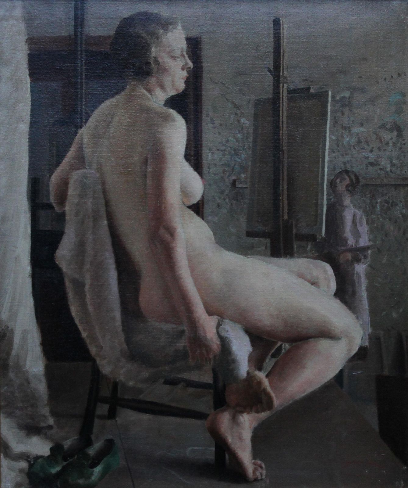photo for sale E.A. Jaynude In Life Class With Green Shoes   British 40's Slade School Art Oil Paintingcirca 1940