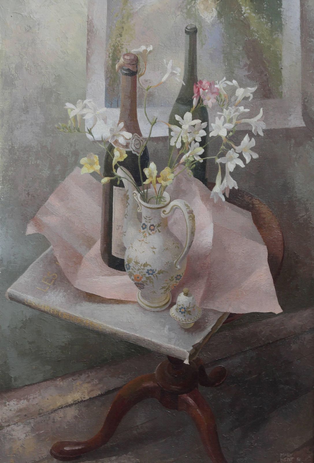 Mary Kent Harrisonfrench Coffee Pot   British Exh Art 1960s Floral Still Life Oil Painting Flowers1960 photo furniture