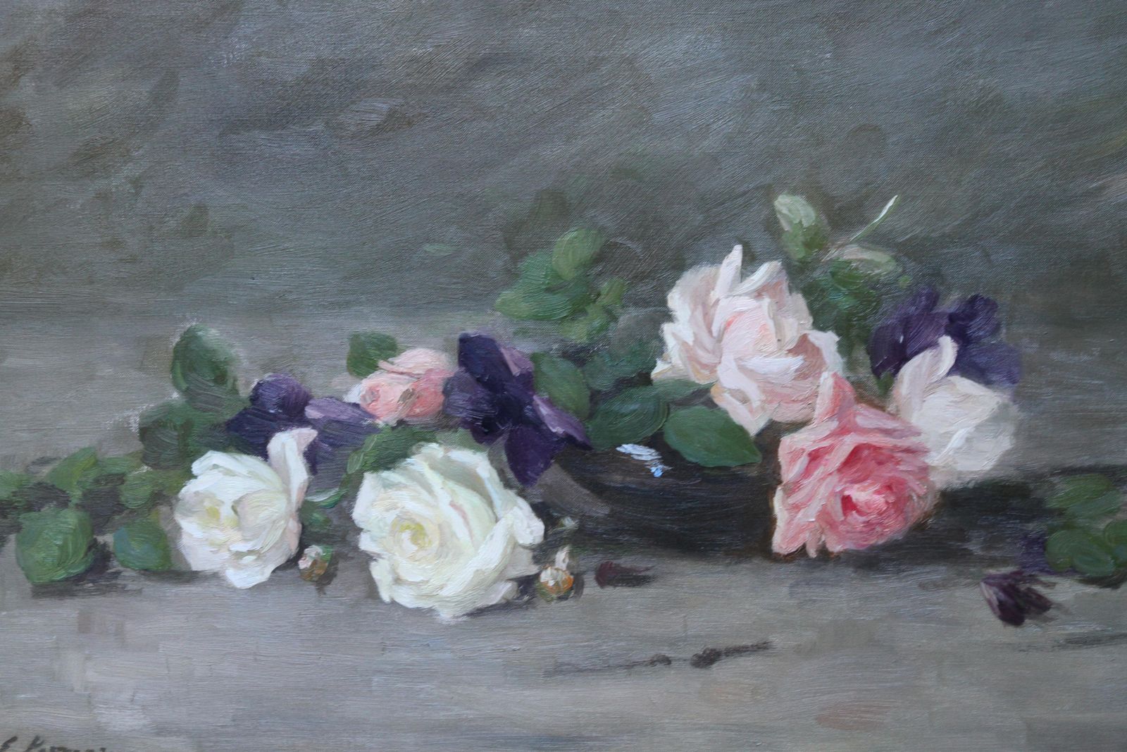 Louise Ellen Permanroses And Violets   Scottish Edwardian Art Floral Oil Painting Exhib 1908 Rsa1908 photo for sale