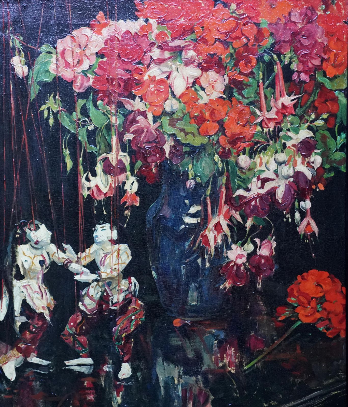 Herbert Davis Richterstill Life Of Fuchsias, Geraniums And Marionettes   British 30's Oil Paintingcirca 1930 photo furniture