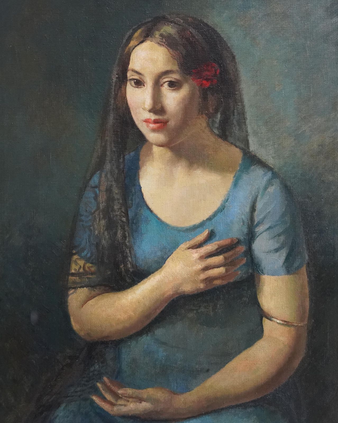 Lionel Ellisportrait Of A Seated Girl In Blue   British 1930's Art Portrait Oil Paintingcirca 1930 photo for sale