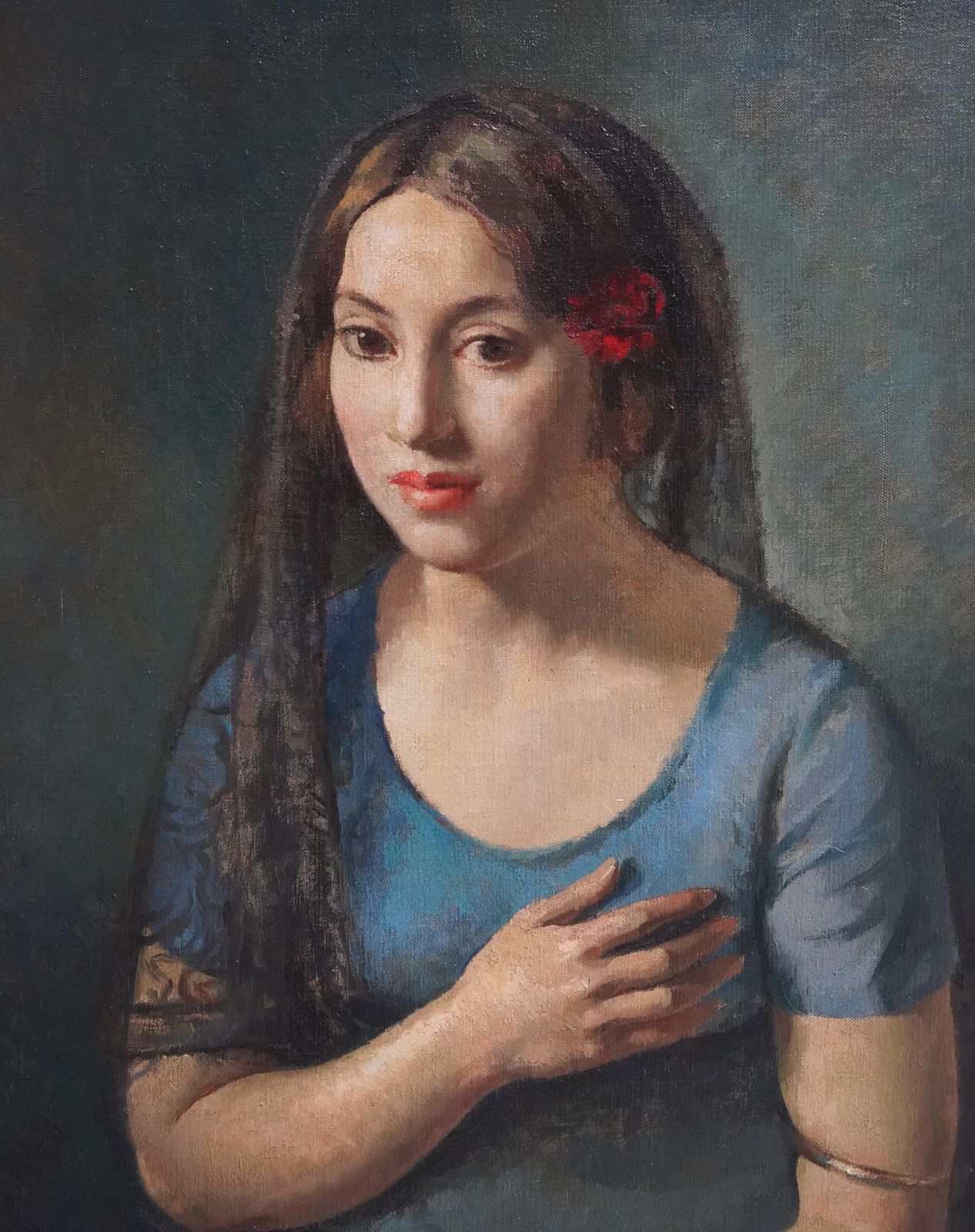 Lionel Ellisportrait Of A Seated Girl In Blue   British 1930's Art Portrait Oil Paintingcirca 1930 photo 5611.0