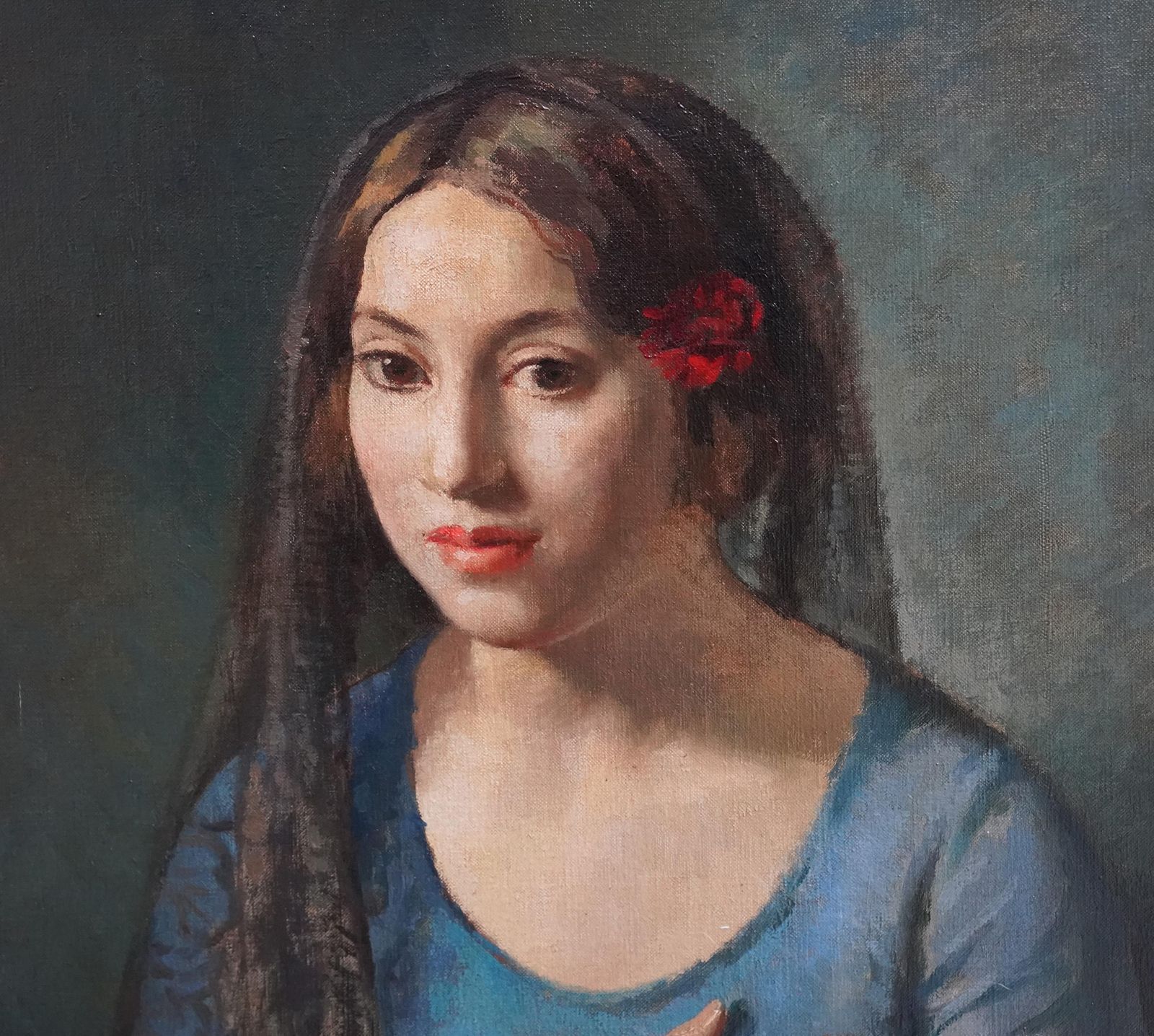 Lionel Ellisportrait Of A Seated Girl In Blue   British 1930's Art Portrait Oil Paintingcirca 1930 photo buy