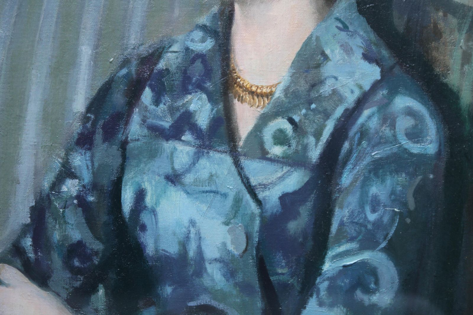 Harry Rutherfordportrait Of A Lady In Blue   British 20thc Art Oil Painting Living Room Interiorcirca 1970 photo Art