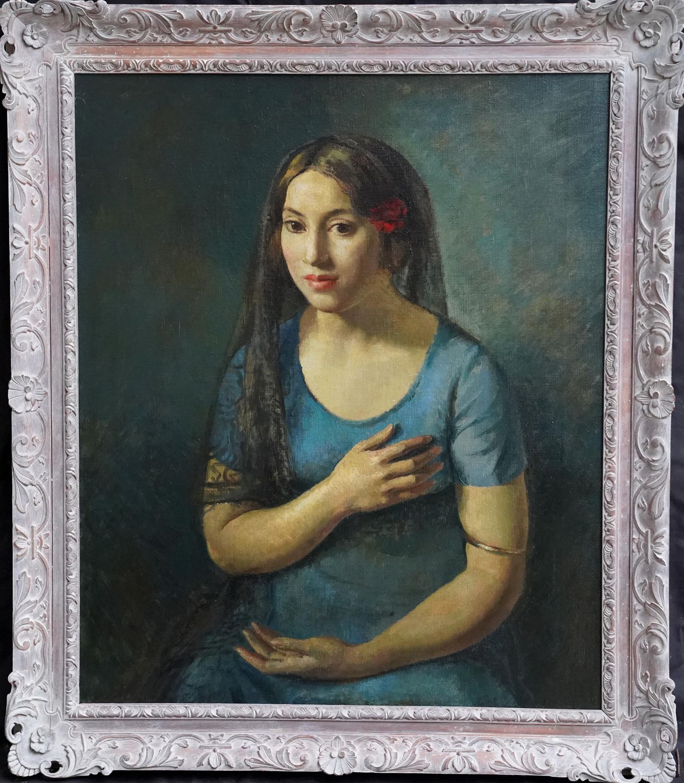 Art Lionel Ellisportrait Of A Seated Girl In Blue   British 1930's Art Portrait Oil Paintingcirca 1930 photo