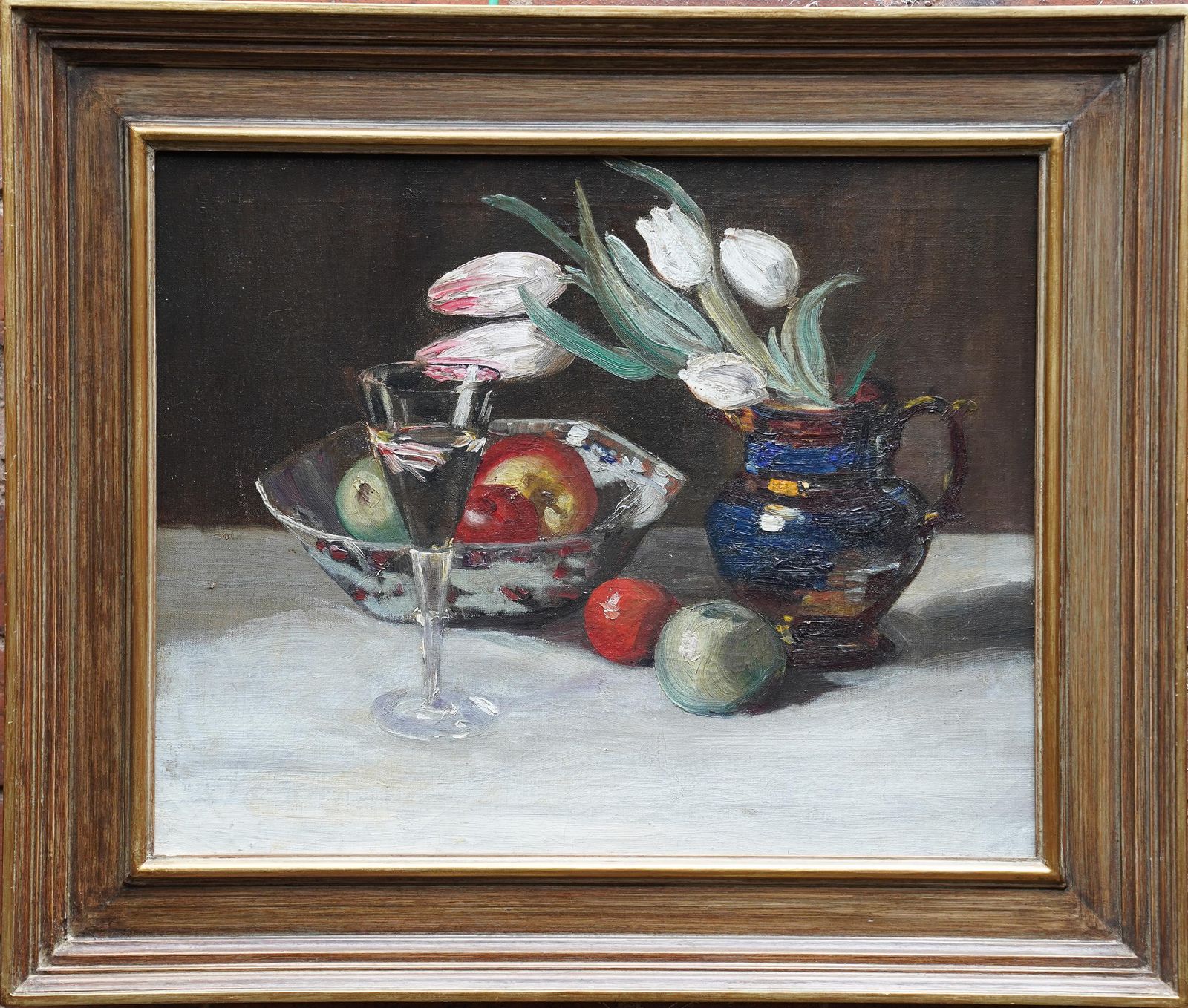 Still Life Of Tulips And Fruit   British 1920's Art Floral Oil Flowerscirca 1920