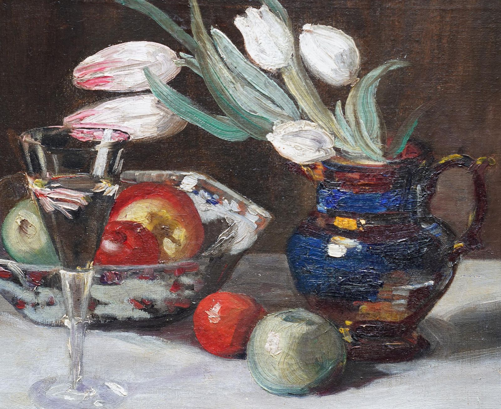 Still Life Of Tulips And Fruit   British 1920's Art Floral Oil Flowerscirca 1920 photo Art