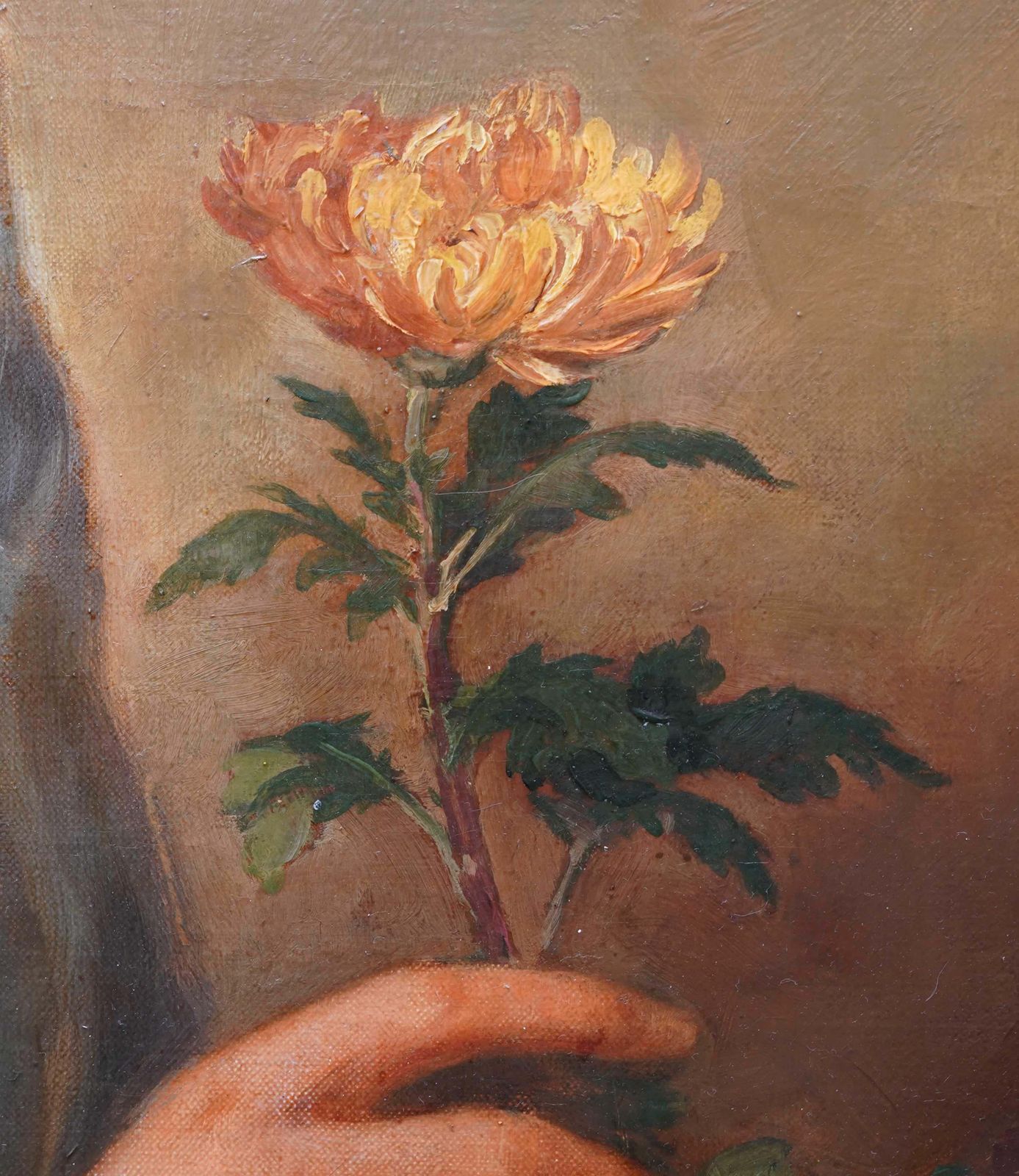 Portrait Of A Lady Arranging Flowers   British 1940's Art Oil Paintingcirca 1940 photo vinterior