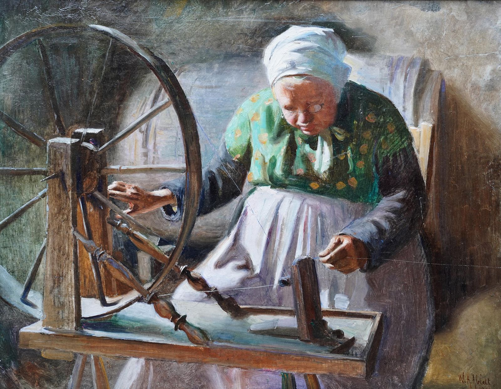 William Albert Ablettportrait Of Lady At Spinning Wheel   French 1901 Interior Portrait Oil Painting1901 photo for sale