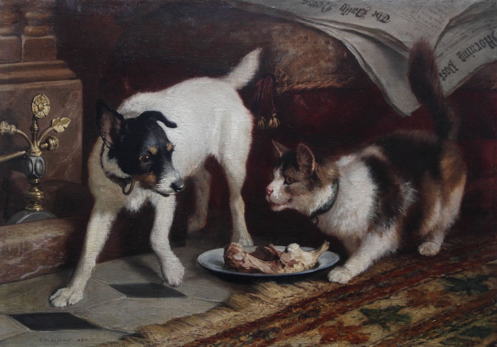 Carl Suhrlandtportrait Of A Cat And Dog   Victorian Genre 1884 Animal Art Oil Painting1884 photo furniture