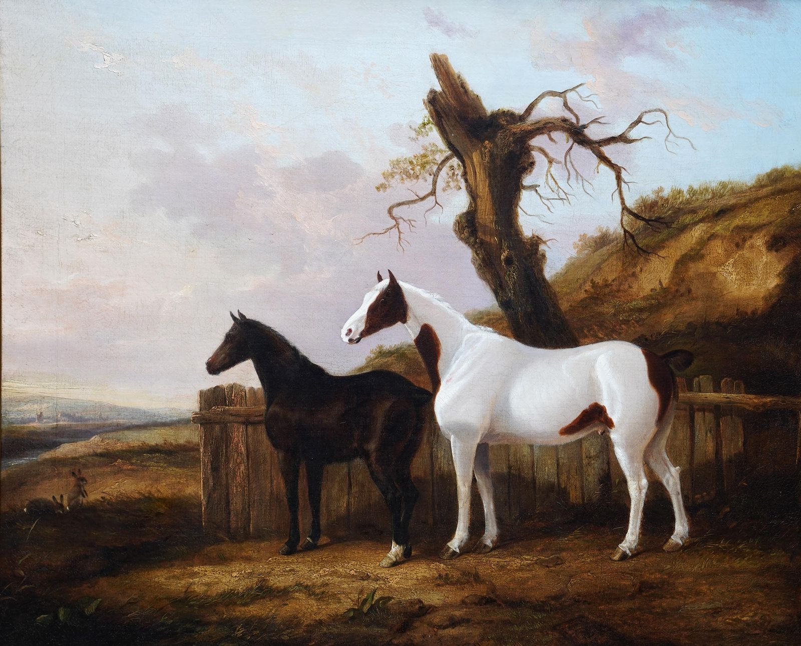 Portrait Of Two Horses In A Landscape   British 19thc Equine Art Oil Painting1840 photo furniture