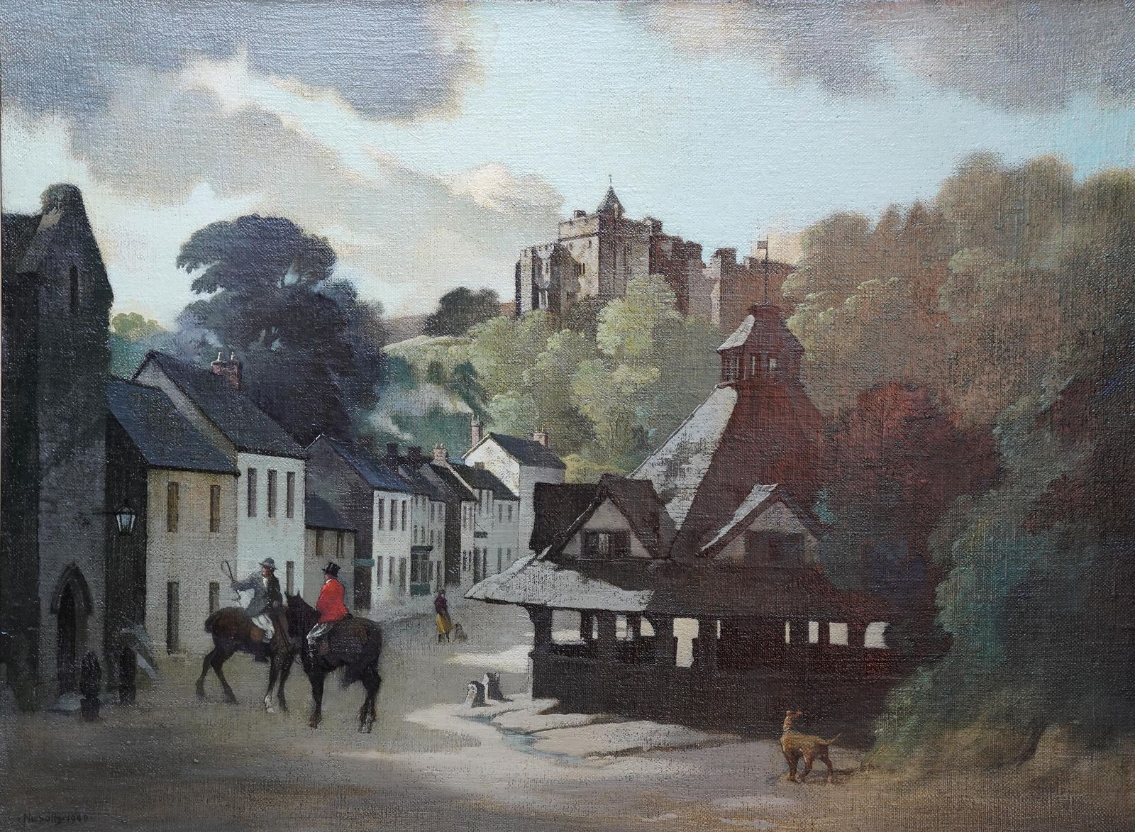 photo for sale Bertram Nicholls Prbathe Yarn Market, Dunster, Somerset   British 1940's Townscape Art Oil Painting1940