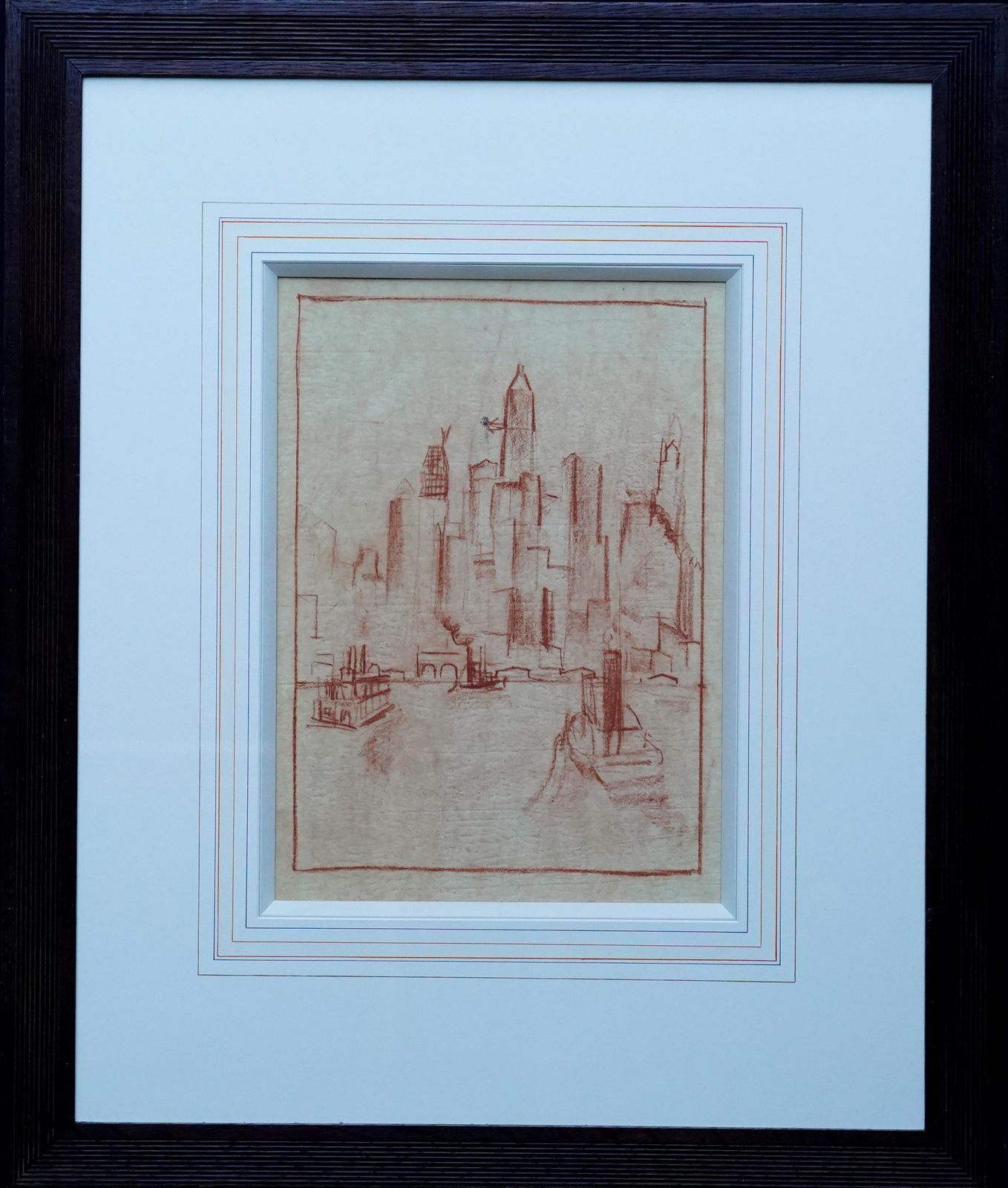 photo for sale Adriaan Lubbersmanhattan From The River   Dutch 1920's Art Oil Crayon Drawing New York Citycirca 1920