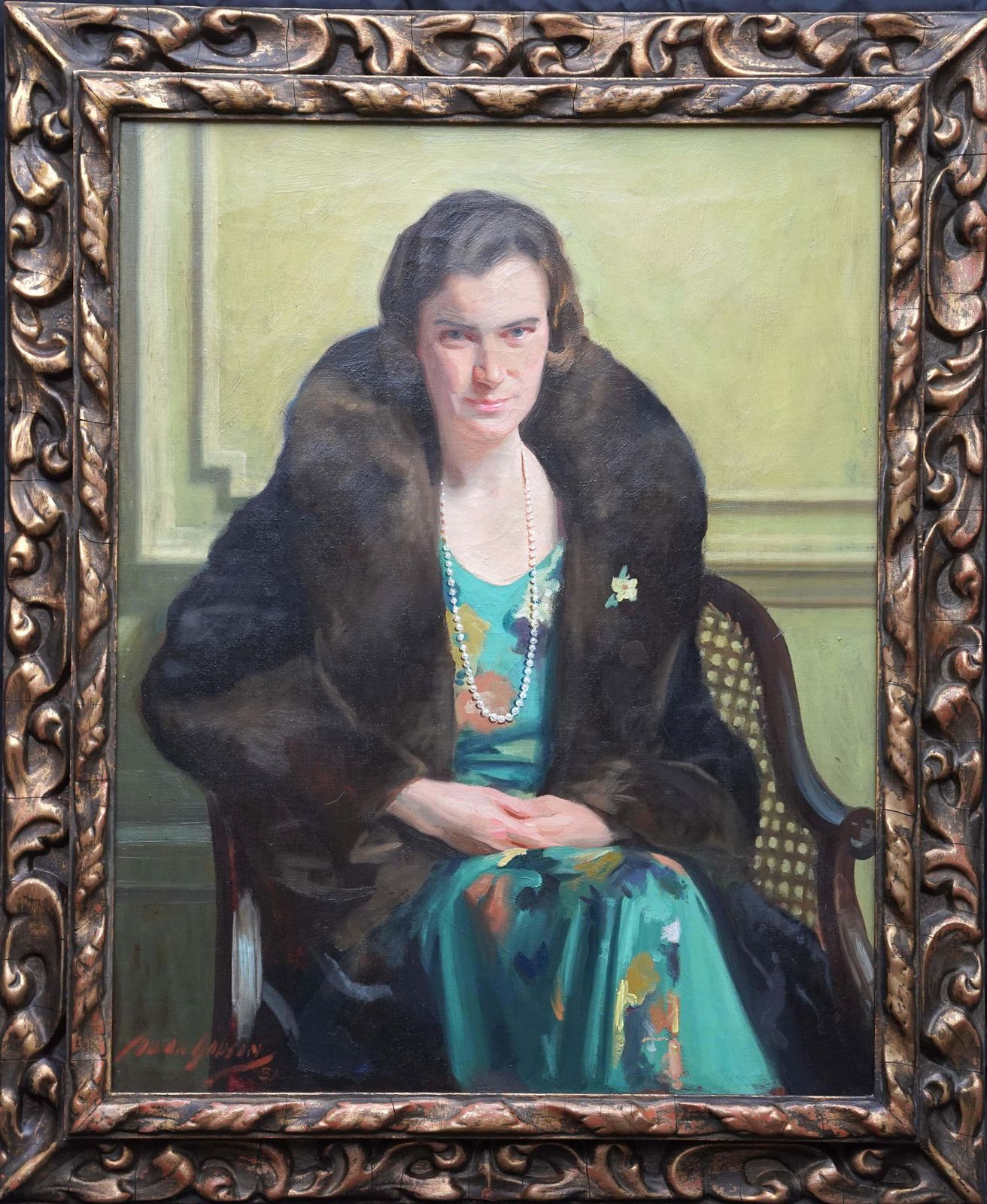 David Cowan Dobsonportrait Of A Lady In Green Dress   Scottish 1930's Art Deco Oil Painting 1931
