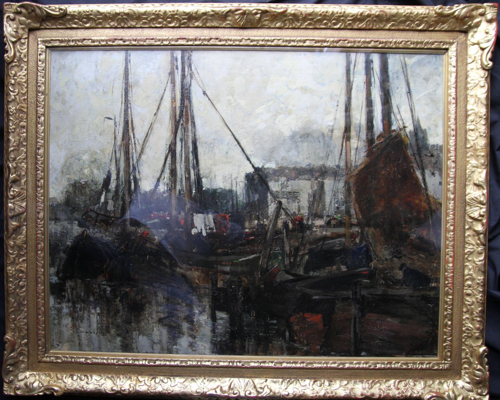 William Alfred Gibsonquayside   Edwardian Scottish Glasgow Impressionist Marine Harbour Oil Paintingcirca 1910