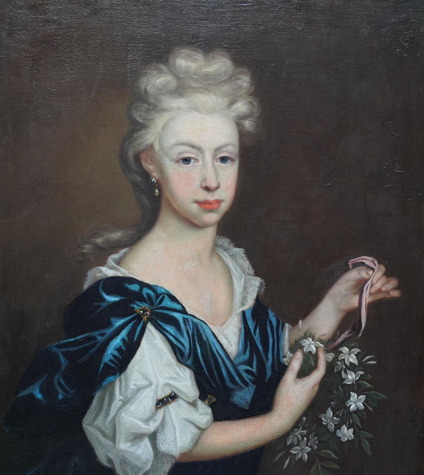 Portrait Of Lady With Garland Of Flowers   British 17thc Old Master Oil Paintingcirca 1690 photo for sale