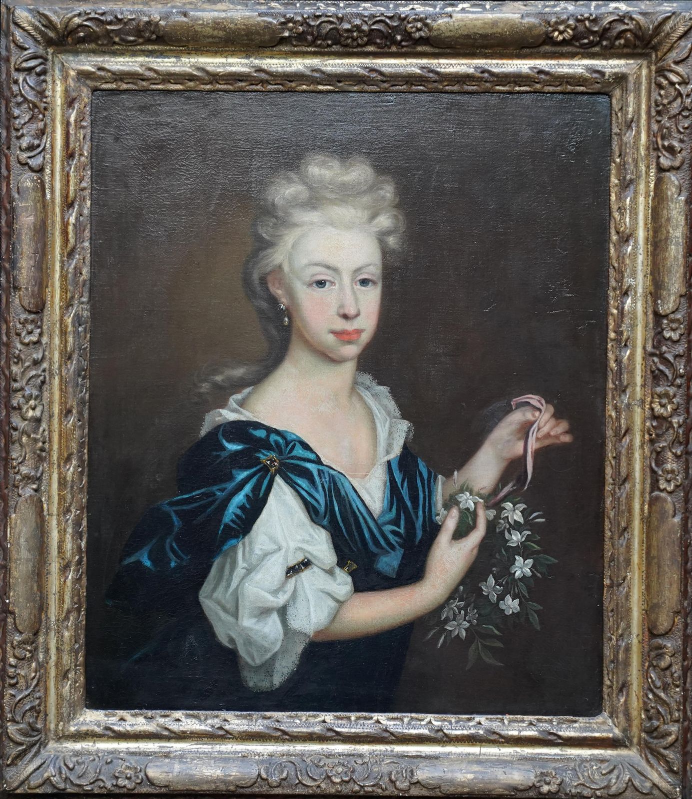 Art Portrait Of Lady With Garland Of Flowers   British 17thc Old Master Oil Paintingcirca 1690 photo