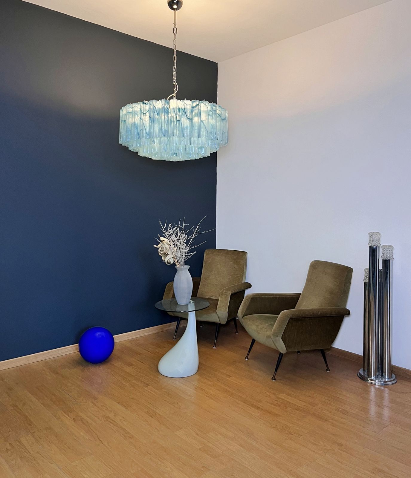 Large Murano Glass Chandelier  101 Blue Alabaster Glass Tube photo vintage