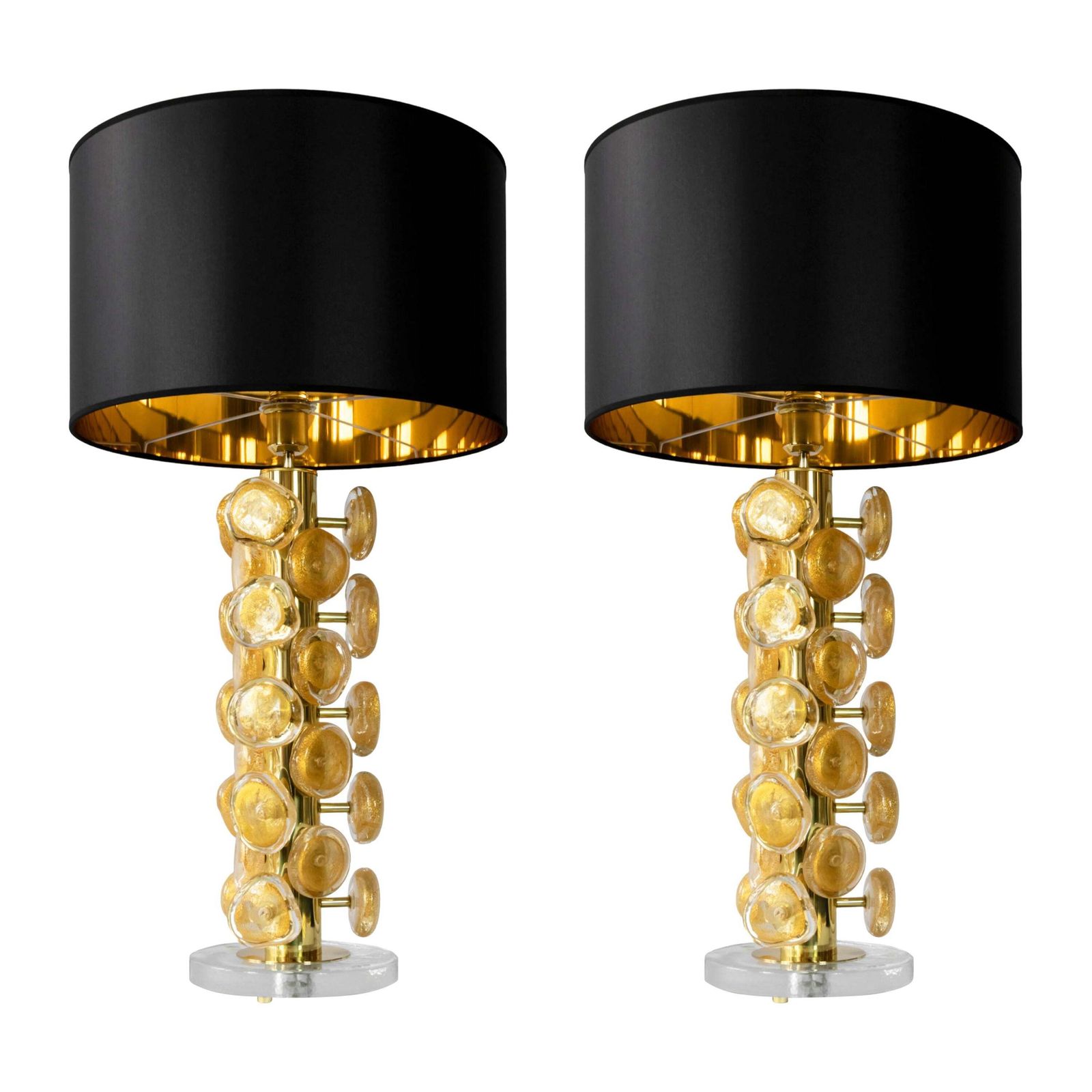 Pair Of Italian Table Lamps In Brass And Murano Glass