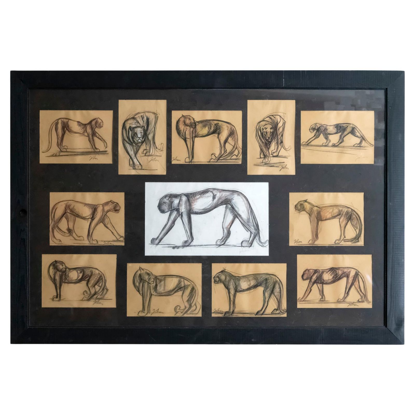 Large Vintage French Panther Pastel Painting Signed Johan 'Etienette Johan'