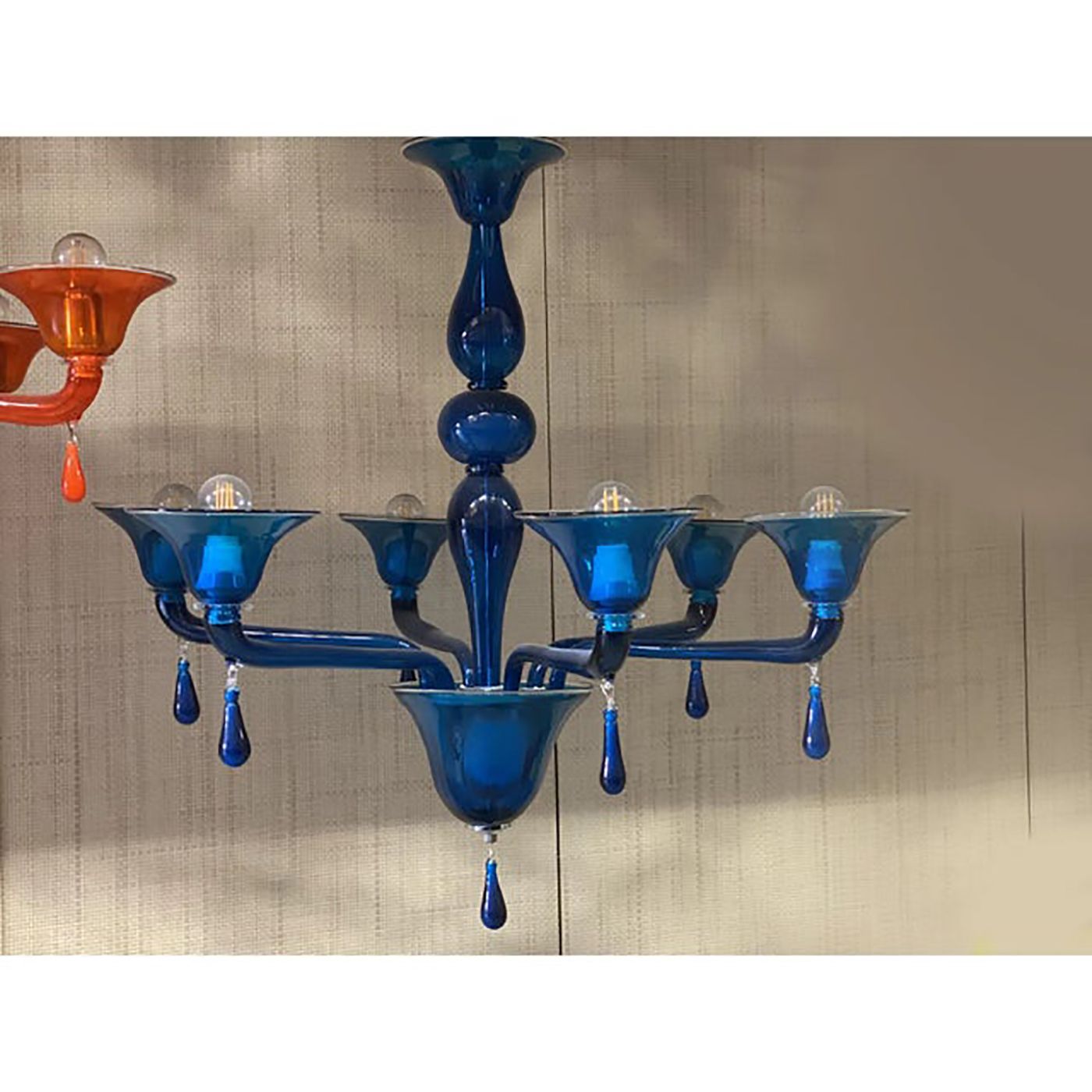 Murano Style Glass Chandelier In Blue Lattimo Color photo 9800.0