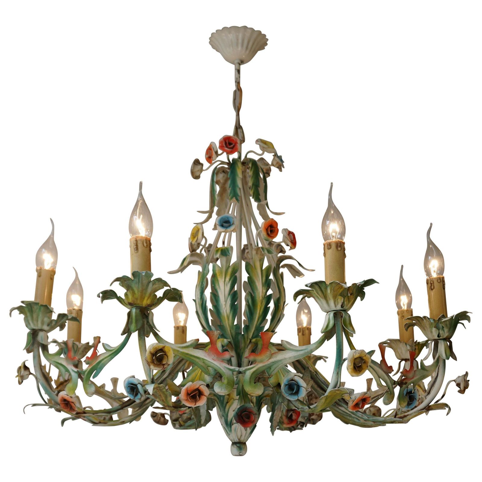 Large Polychrome Painted Metal Chandelier With Flowers And Birds
