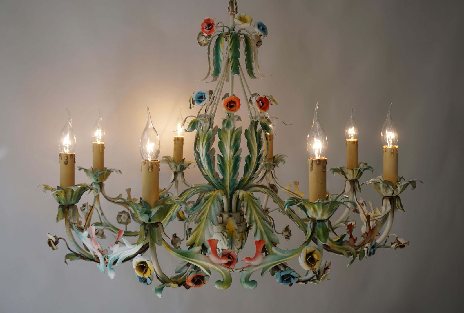 Large Polychrome Painted Metal Chandelier With Flowers And Birds photo Lighting