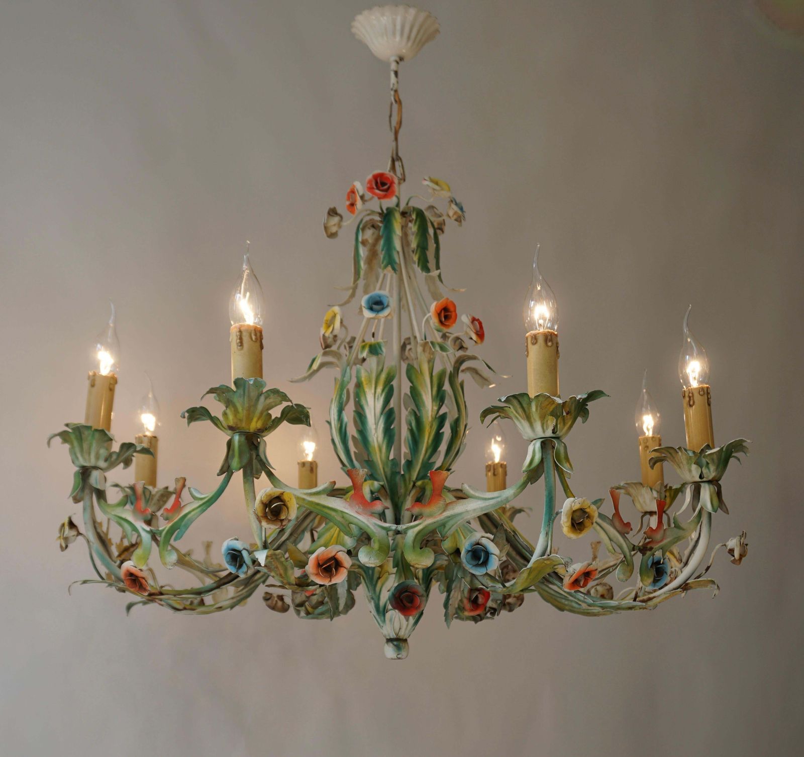 Large Polychrome Painted Metal Chandelier With Flowers And Birds photo vinterior