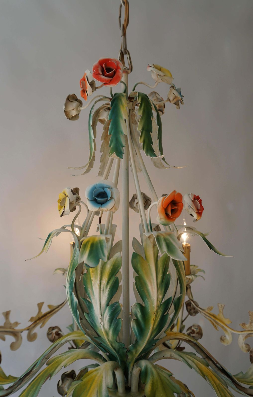 photo for sale Large Polychrome Painted Metal Chandelier With Flowers And Birds