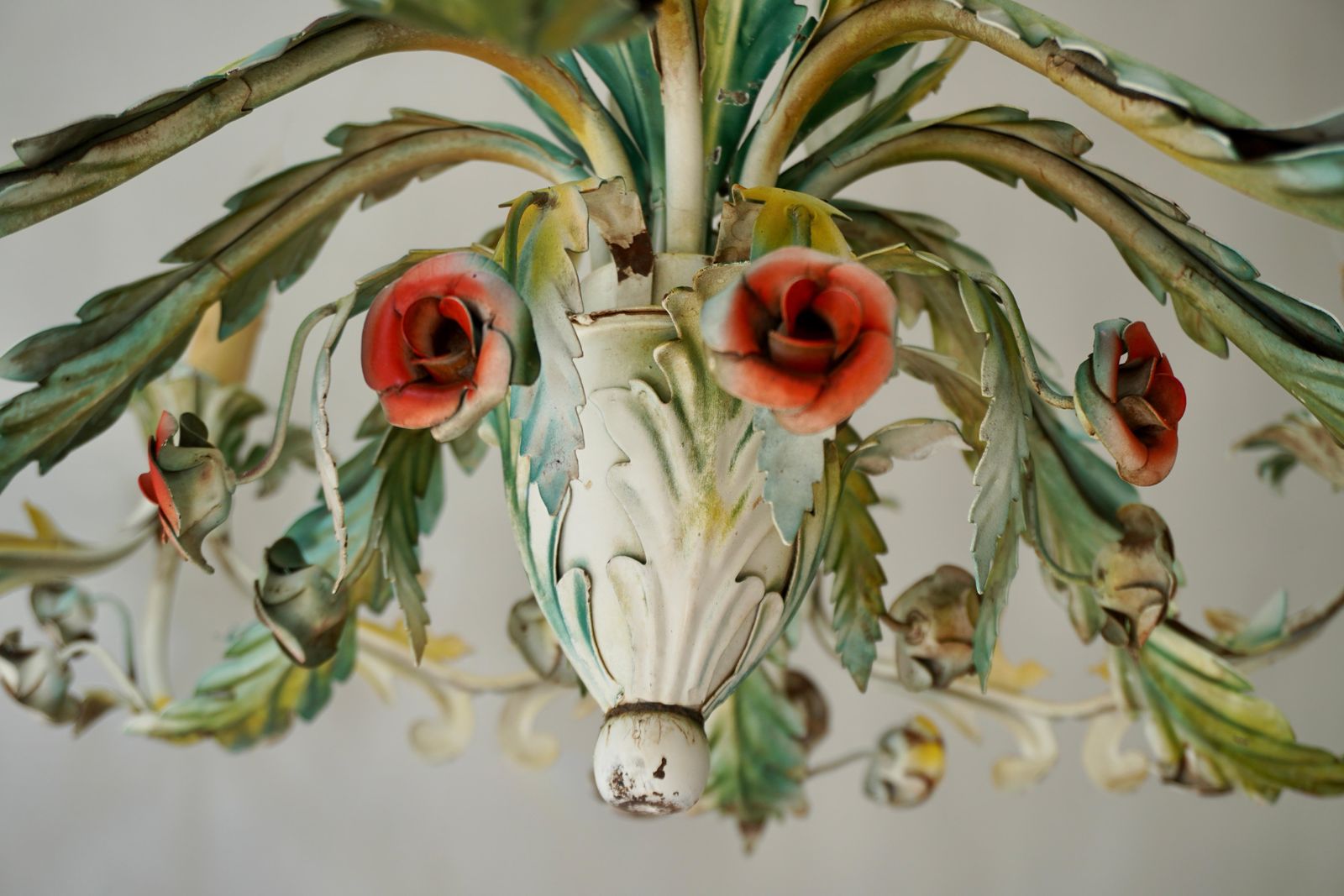 Lighting Large Polychrome Painted Metal Chandelier With Flowers And Birds photo