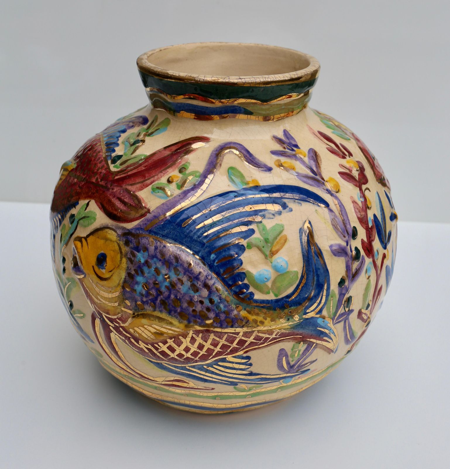Large Modern Art Deco Vase With Fish Flowers And Plants photo for sale
