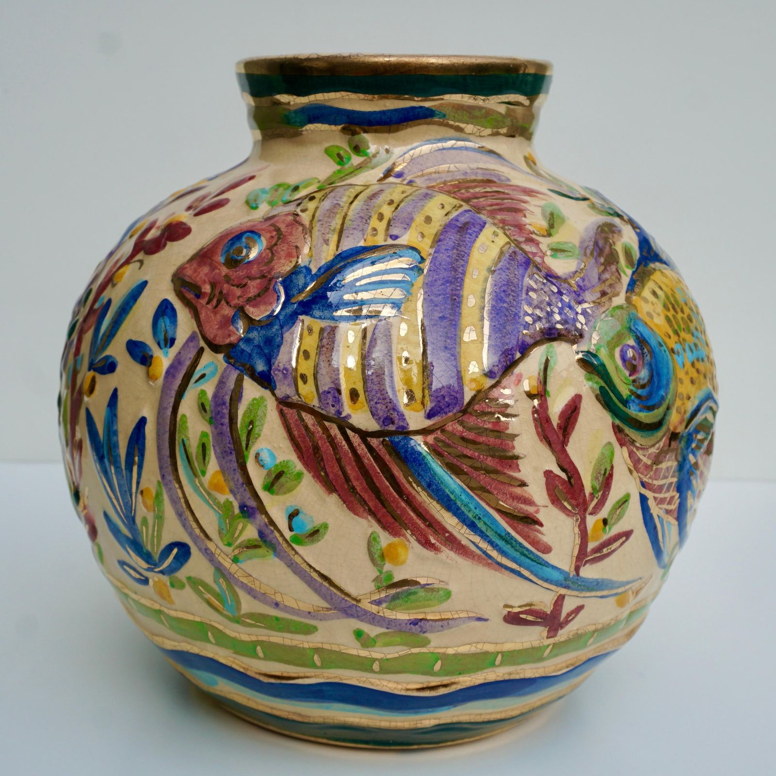 Large Modern Art Deco Vase With Fish Flowers And Plants photo vintage
