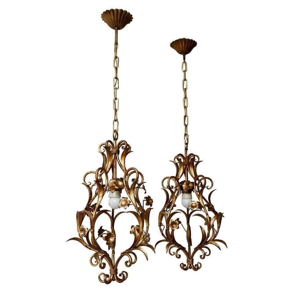 Set Of Two Italian, 1950s Gilt Tole Foliate Chandeliers photo furniture