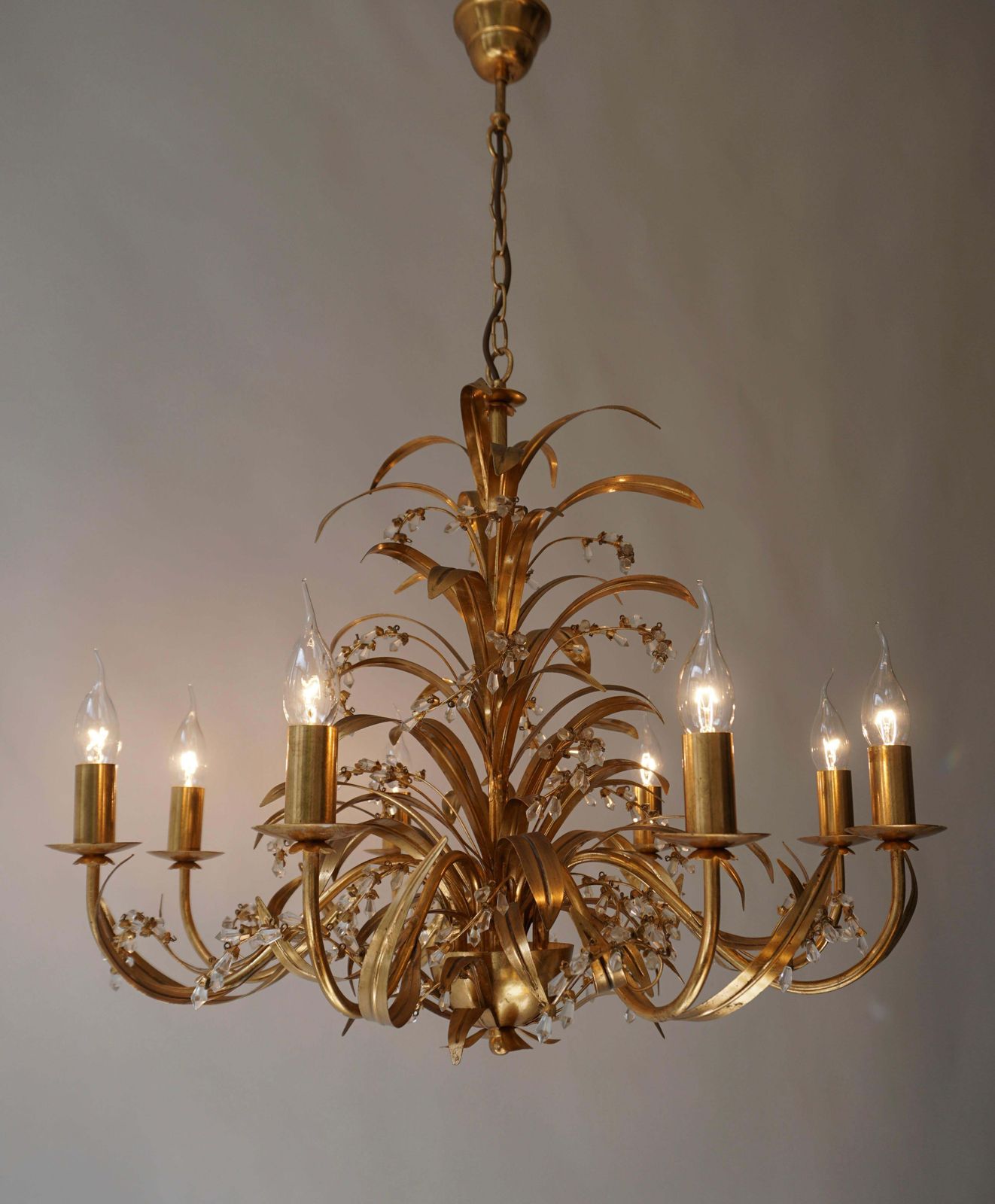Italian Gilt Tole And Crystal Palm Frond Chandelier photo furniture